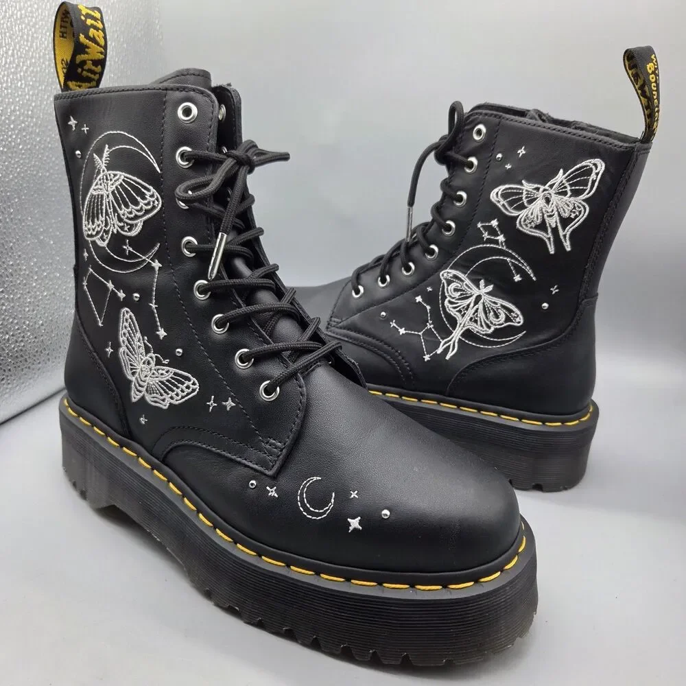 Dr. Martens Jadon Boots Celestial Moth Embroidered Platform Black Women's Sz 11
